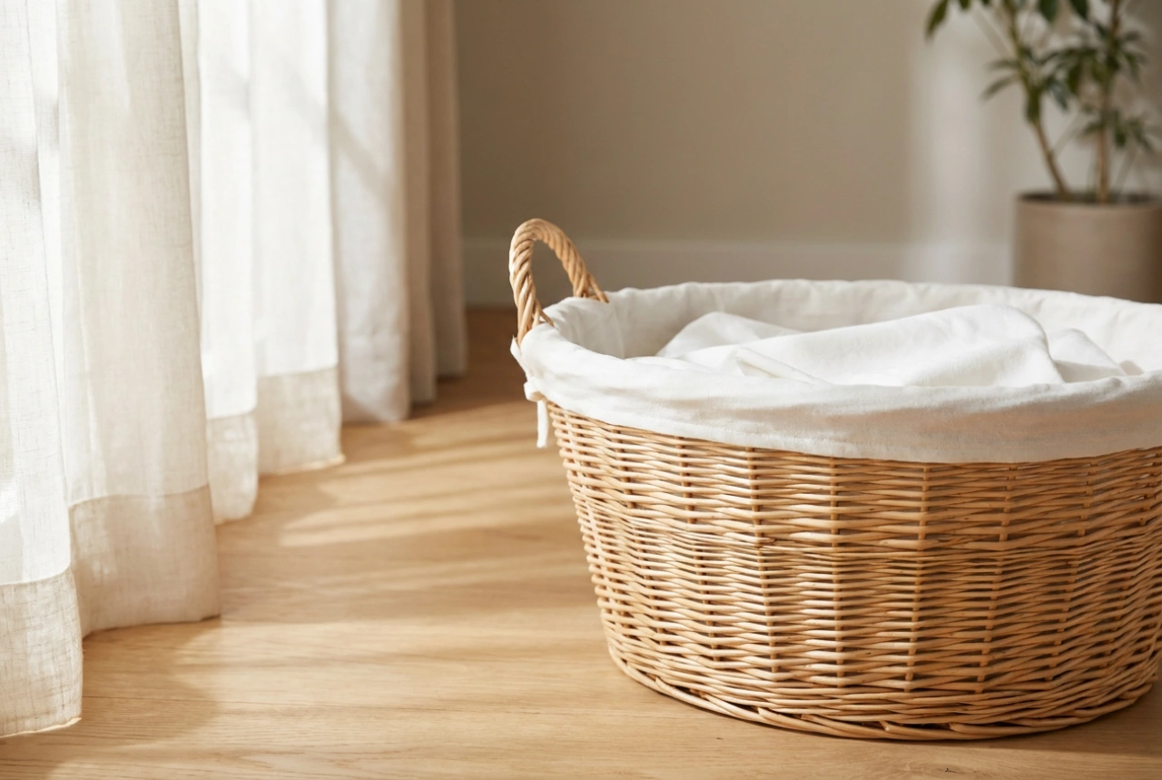 Wiklinowy kosz na bieliznę i higieniczne czekanie na pranie