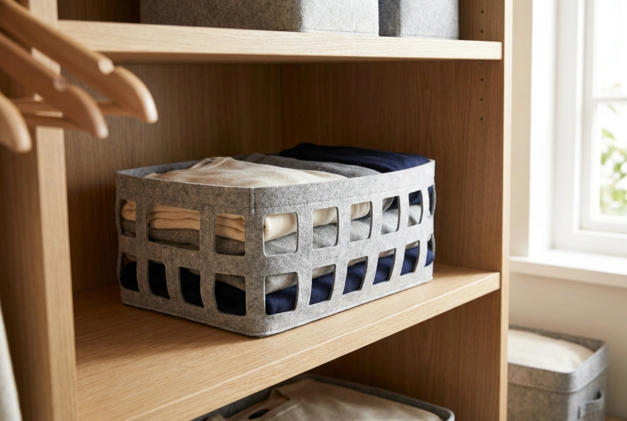 Koszyk na bieliznę w szafie i prosty podział codziennych zestawów
