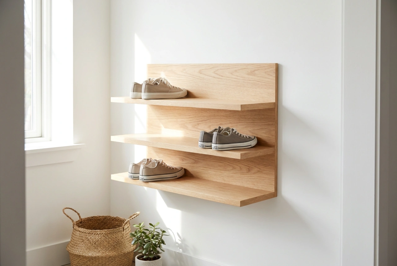 Półka na buty na ścianie jako sposób na wolną podłogę