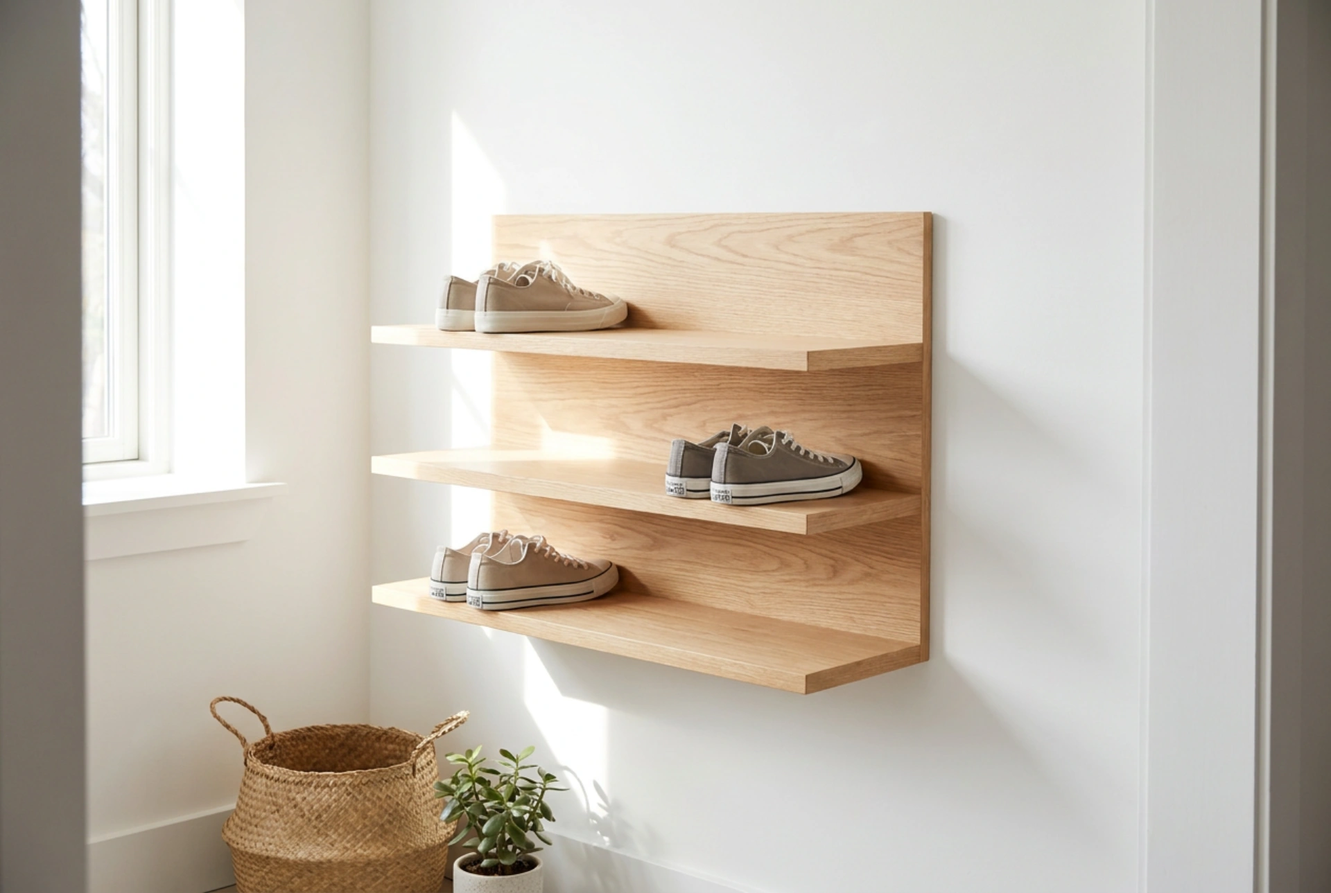 Półka na buty na ścianie jako sposób na wolną podłogę